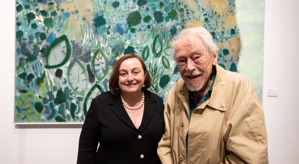 Professor Patricia Davidson with artist Guy Warren at the launch of the Hills and Wings exhibition at UOW in May. Photo: Paul Jones