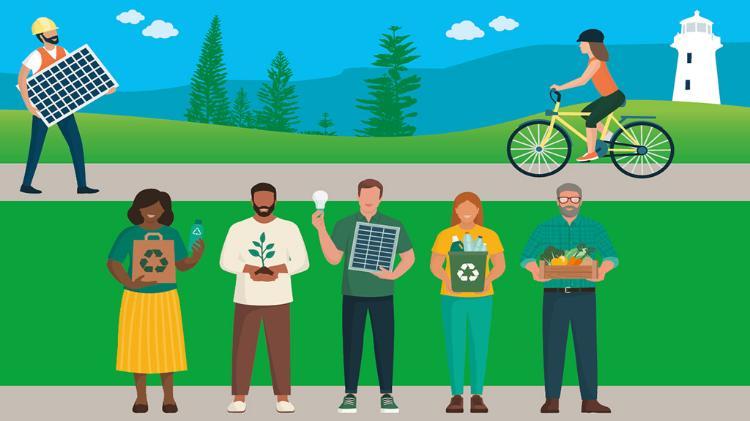 Humans being conscious of the environment. The illustration show 5 people in the foreground each one is holding something that shows they care about the environment Recycle, plant trees, solar, recycle, grow veggie. In the background in a lady riding a bike and a male worker holding a solar panel