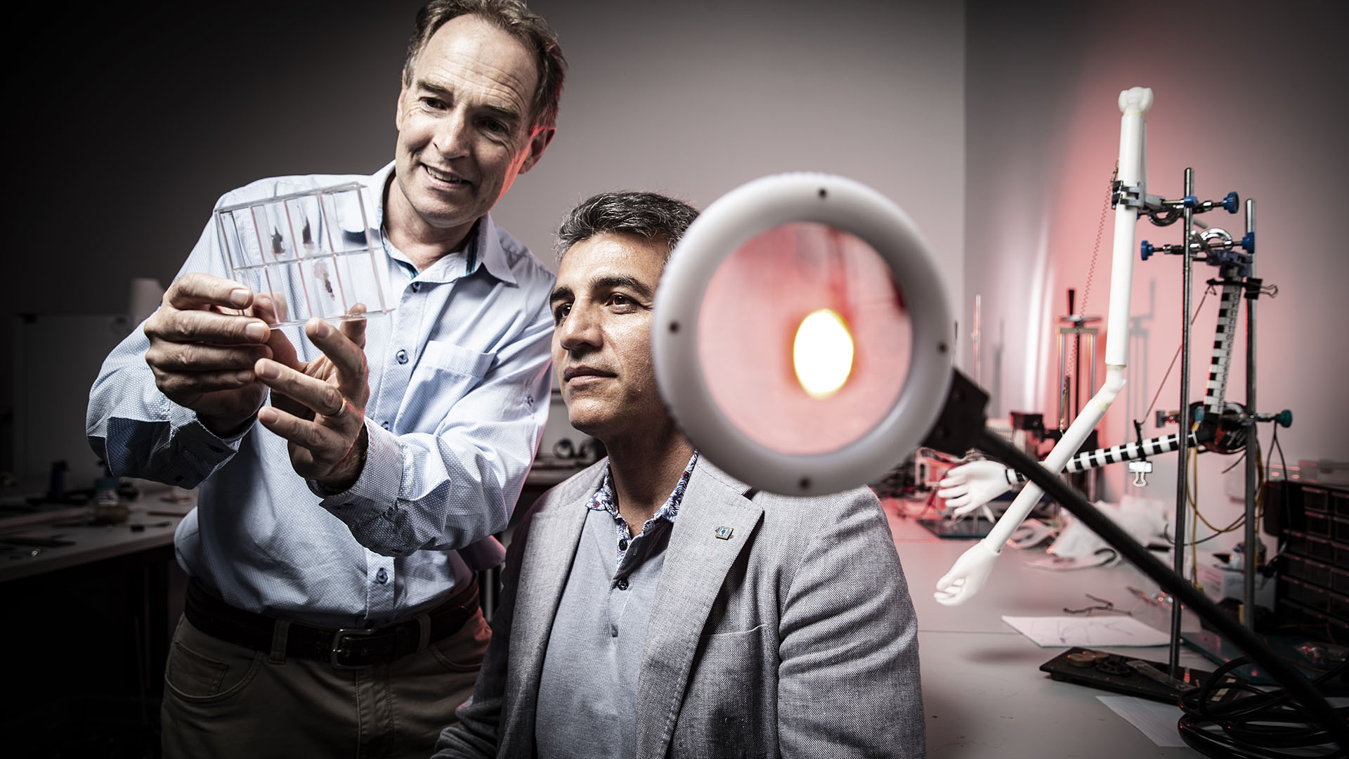 Geoff Spinks and Javad Foroughi with the artificial muscles they developed, which mimic the supercoiling properties of DNA