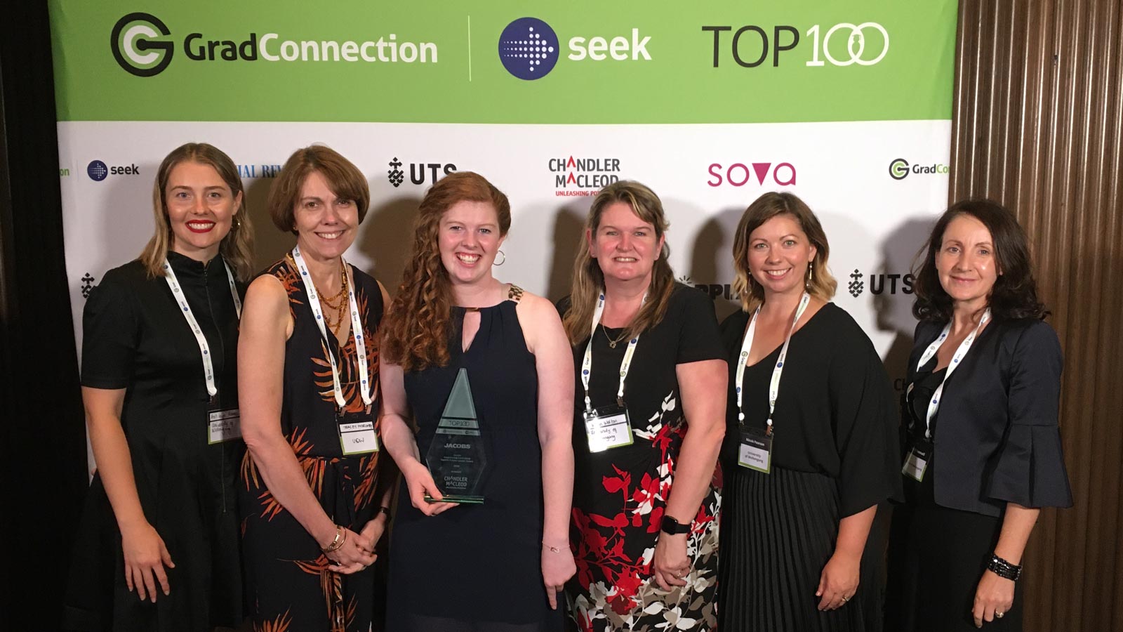 Meg Cummins, third from left, with representatives from UOW at the GradConnection Top 100 Future Leaders Awards. Photo: Supplied