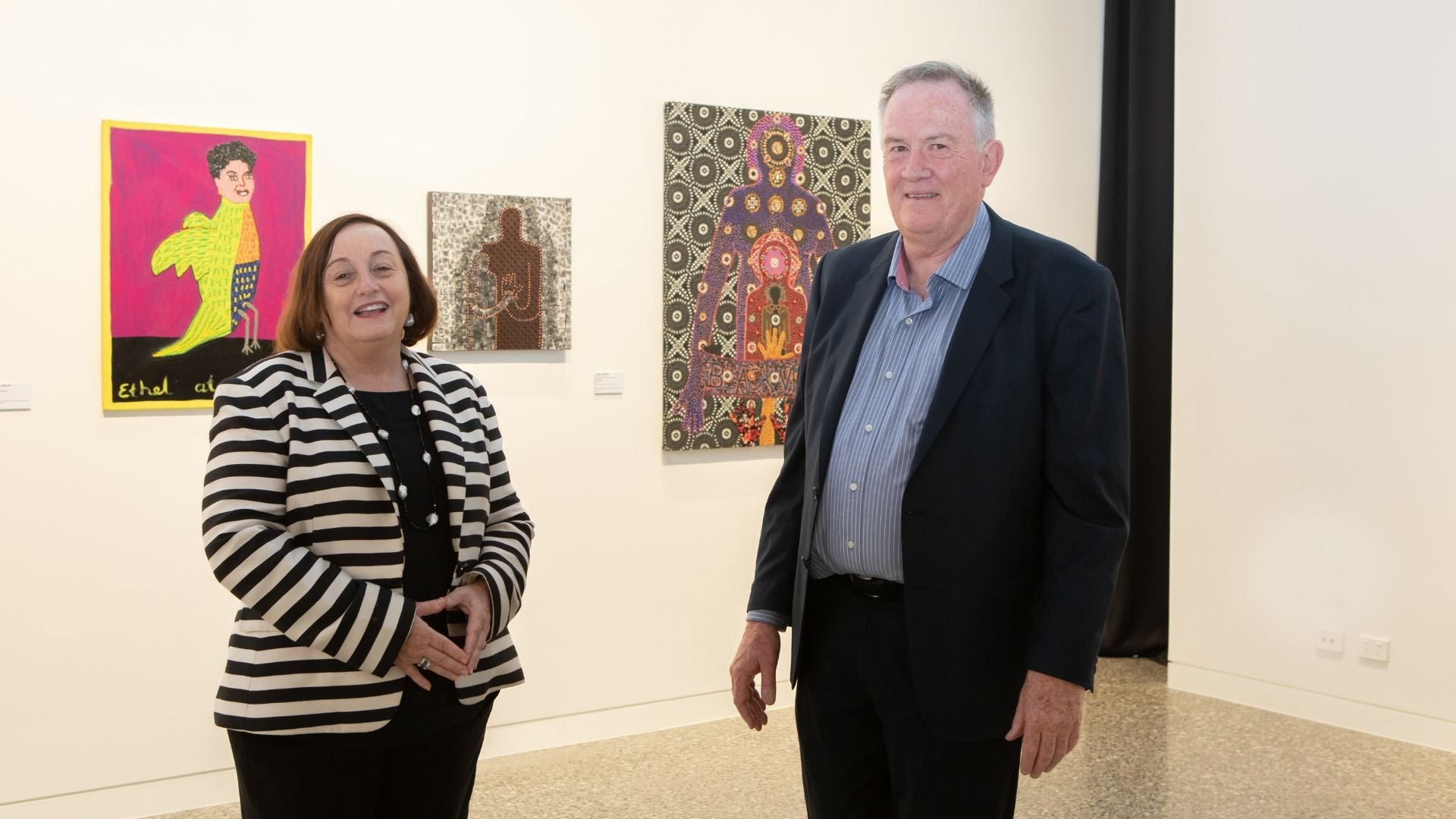 UOW Vice-Chancellor Professor Patricia M. Davidson and art collector Mr. John F. Morrissey at The Morrissey Donations exhibition at UOW Gallery