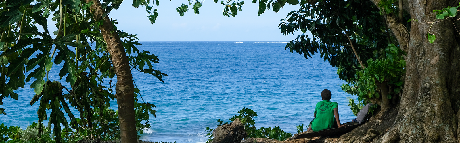 Boy looks out to sea towards an island in Vanuatu