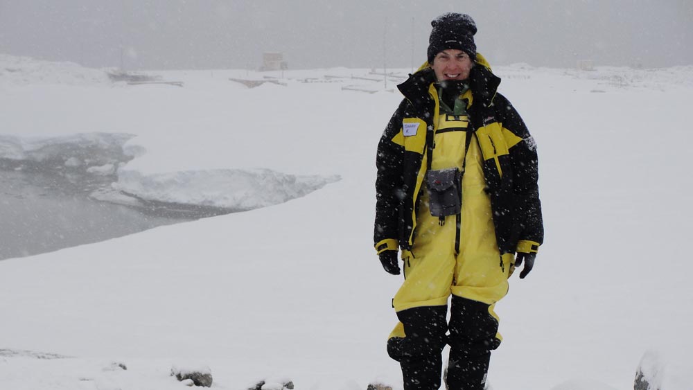 Sharon walking in Antarctic snow