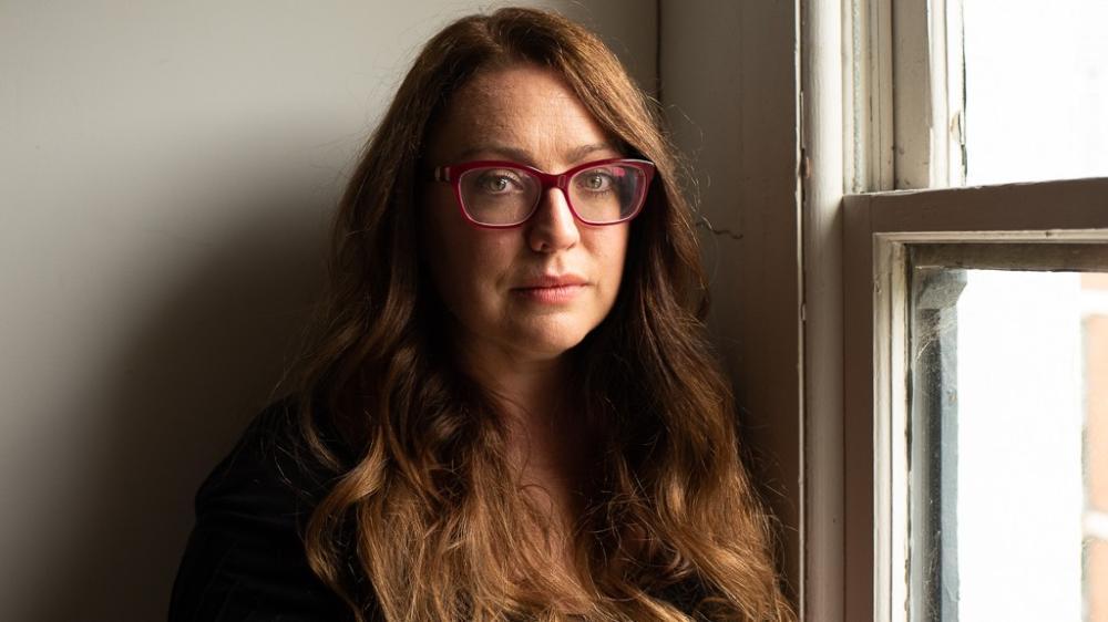 woman, glasses, window