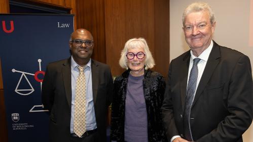 Professor Dilan Thampapillai, Dean of Law, Sue Kirby and Professor Terry Buddin at the 2023 Annual Goldring Lecture