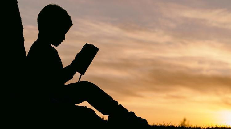 A black silhouette of a person who is holding a book to read while sitting under a dust sky.