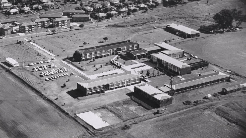 Campus aerial view, circa February 1967. Building 1, Building 4, old building 6 (Mechanical Workshop), and Building 8 are the main buildings