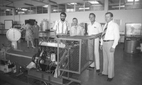 22 November 1978. Donation of 6 cylinder “Land Cruiser” engine to Department of Mechanical Engineering by Thiess Toyota Pty Ltd. Professor S.A. Marshall, Mr R.J. Hancock, Mr. P. Scott, Professor S.E. Bonamy