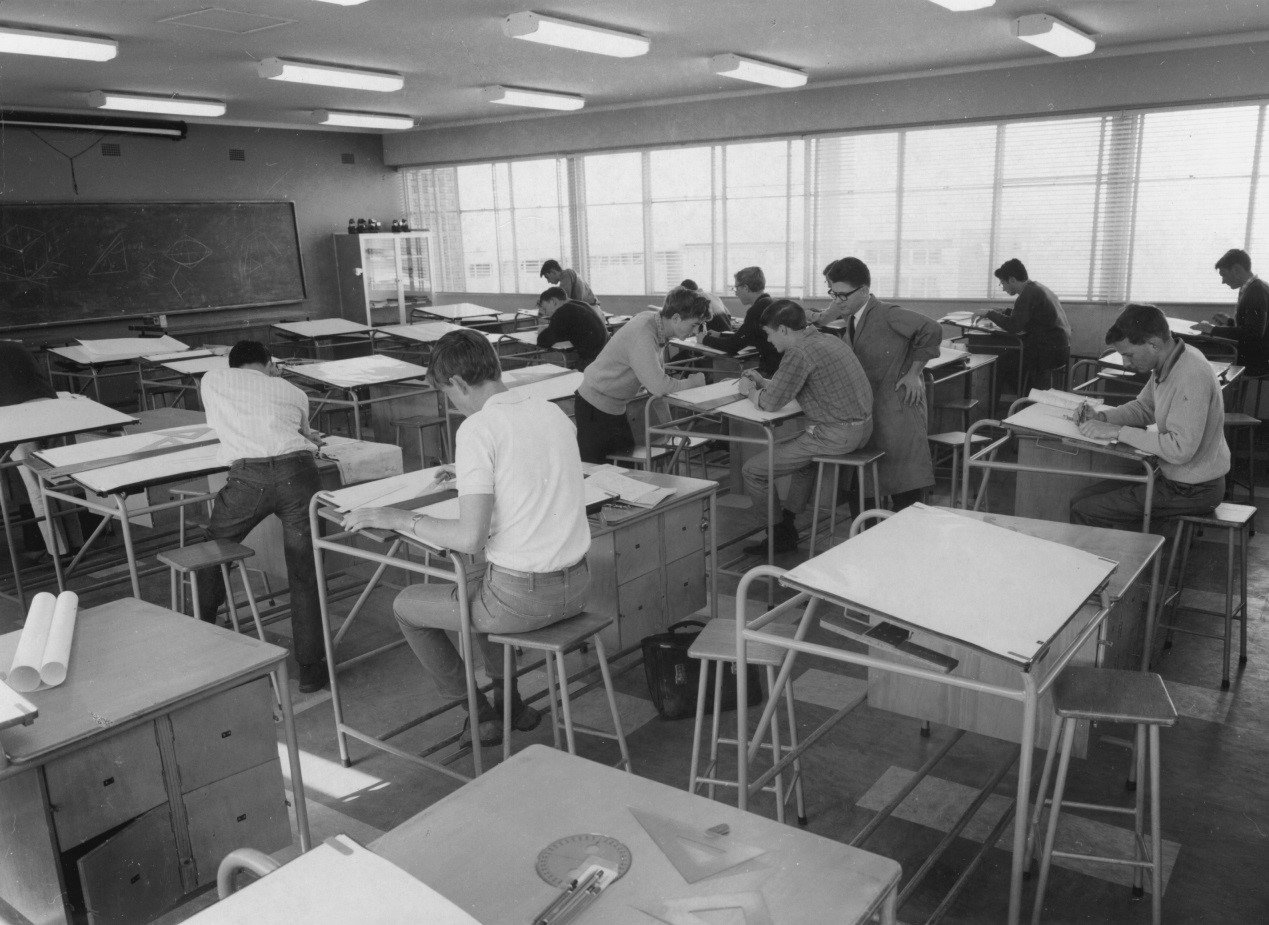 A young Peter Arnold tutoring in the original Drawing Office circa 1962