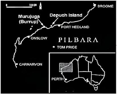 A picture showing Murujuga National Park Location on the map, on the North-West of Western Australia