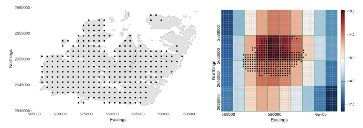 The sampling sites of moss presence-absence data (left panel) were specified at a much finer resolution than that of the available soil-temperature data (right panel) from the ERA5 climate renalysis product.