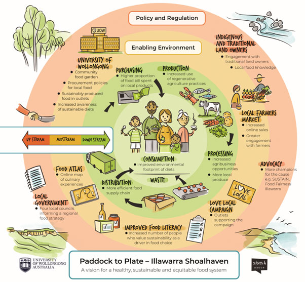 Diagram illustrating the Paddock to Plate project's sustainable and fair food system. The diagram depicts the three main streams and the various stakeholders involved in each of them, highlighting a holistic and healthy approach.