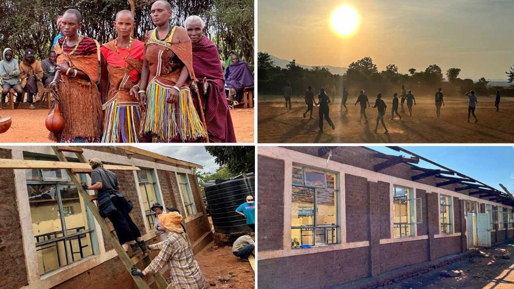 Collage of images from ASSH, UOW Tanzanian Trip | Top row, left to right. Image 1, 4 Tanzanian Women in Traditional ceremony. Image 2, The crew enjoy a friendly game of Soccer under the sun. Bottom row. Image 3 team members working to install window sills. Image 4. Windows of the dorm