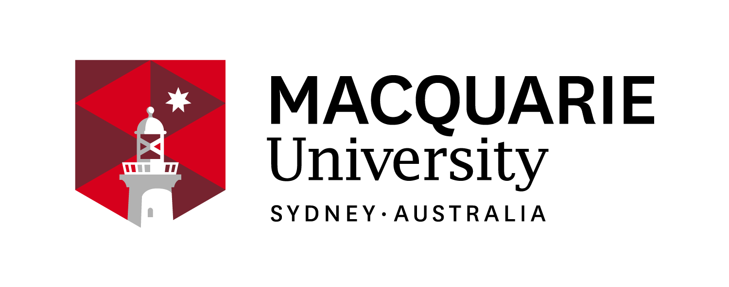 The Macquarie University logo includes the Macquarie Lighthouse and the Sirius Star. The most recent emblem, adopted in 2014, mixes the lighthouse symbol with a geometric red and purple design. The wordmark is arranged in two layers and two different types of black beneath the logo.