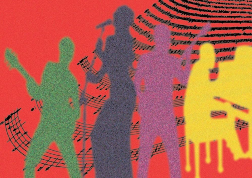 an illustration of musicians silhouettes on an Orange background with music notes