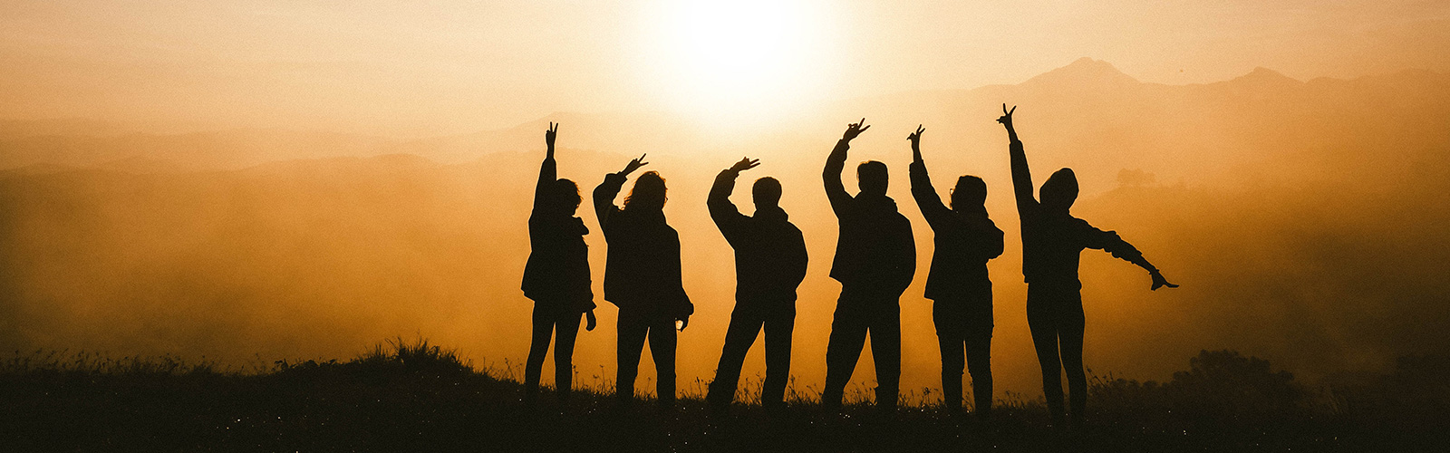 Silhouette of 6 people holding their right hand in the air, showing a peace sign with their fingers. People stand on grass, with a sunset on mountains in the background