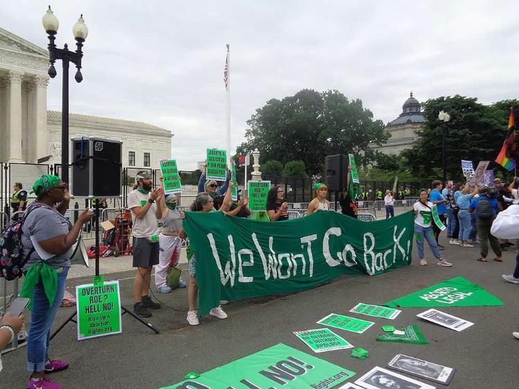 Protestors stand infront of th elincoln memorial with a large sign. The sign in green fabric with black writing tha says 