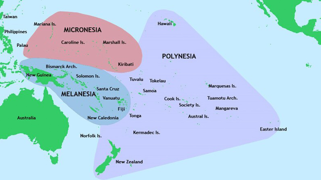 Main cultural areas of Oceania: Micronesia, Melanesia and Polynesia.