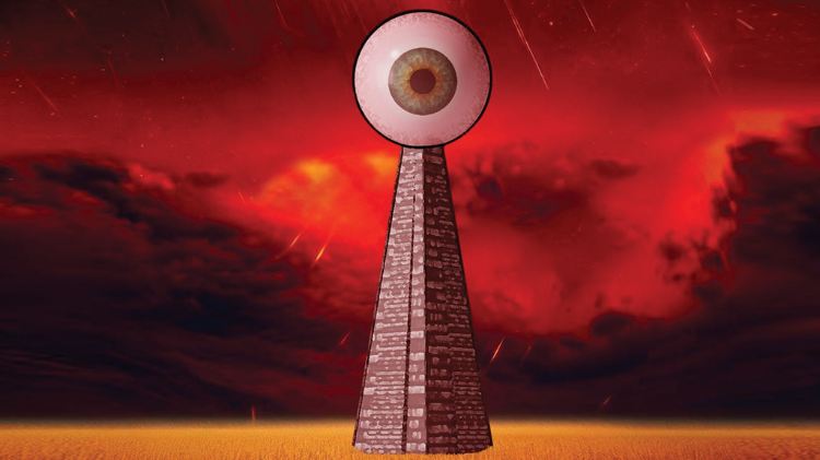 Third eye on top of a slim and tall pyramid. The pyramid sits on a sandy ground