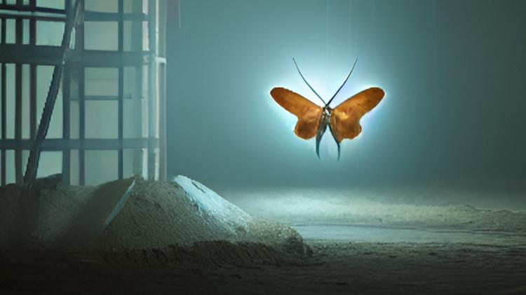 Moth artwork. Inside a warehouse, a moth is flying above sand