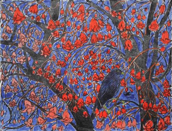 Salvatore Zofrea, 'Illawarra Flame Tree and Bowerbird', 2008, Hand coloured woodcut print