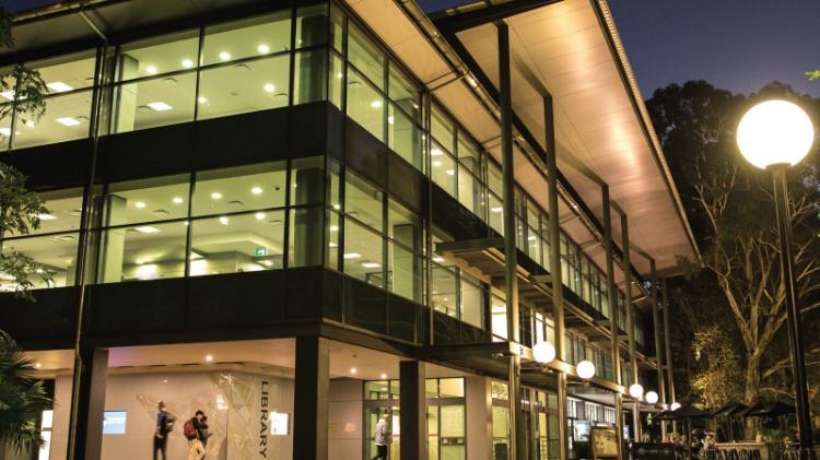 Wollongong Campus Library lit up at night