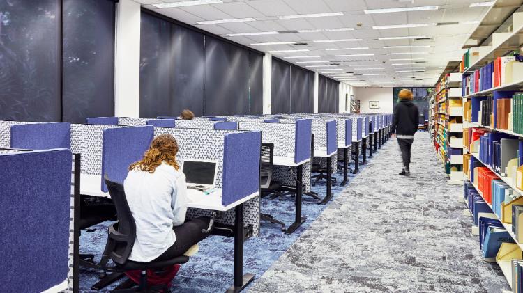 A row of blue private desk carrels in the Library with a girl studying in the foreground