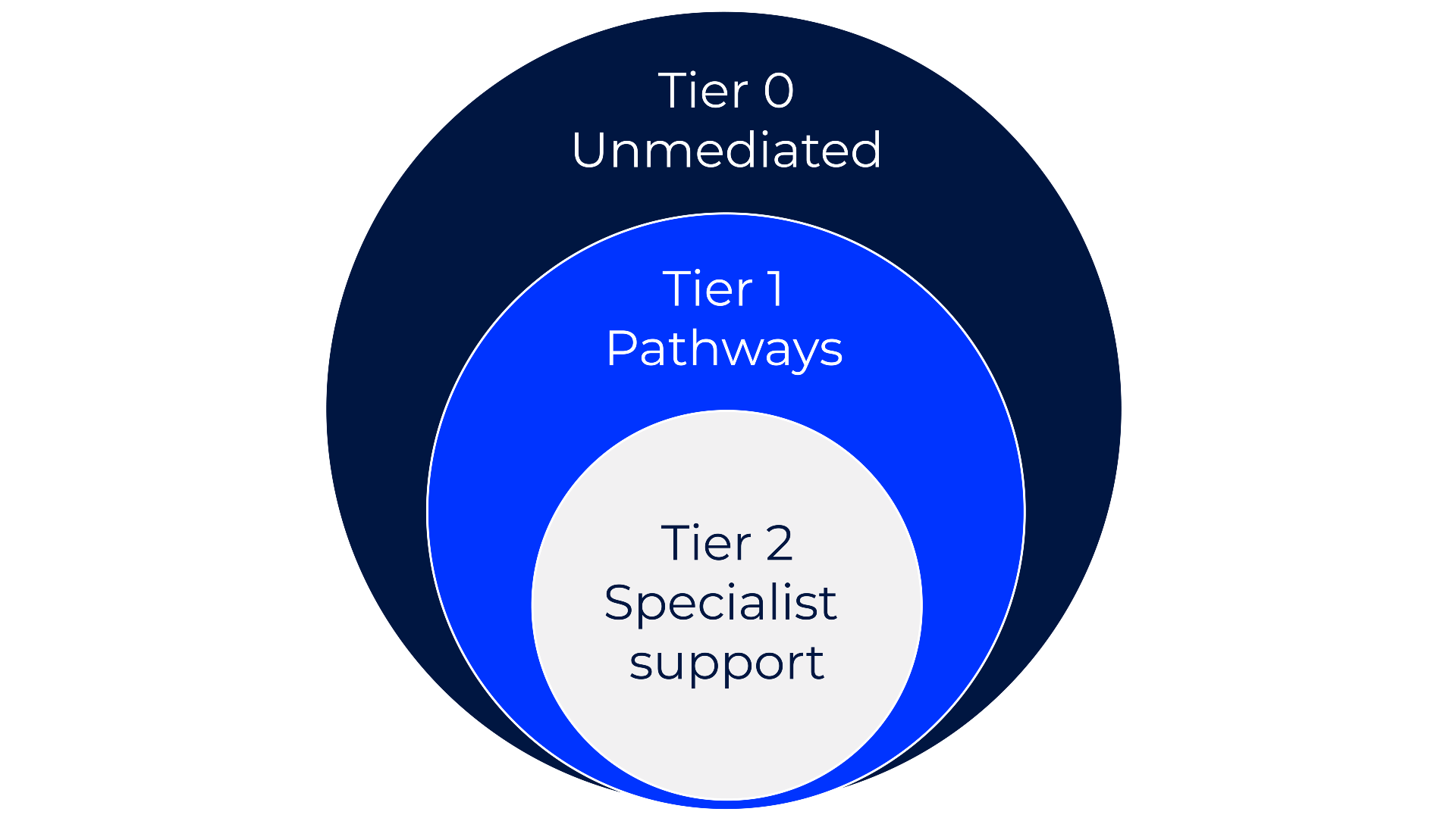 Tiered services model: Tier 0-unmediated, Tier 1-pathways, Tier 3-Specialist support