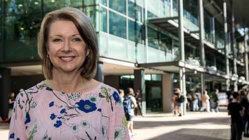 A portrait of Margie Jantti, Director of Library Services, outside the Wollongong Campus Library