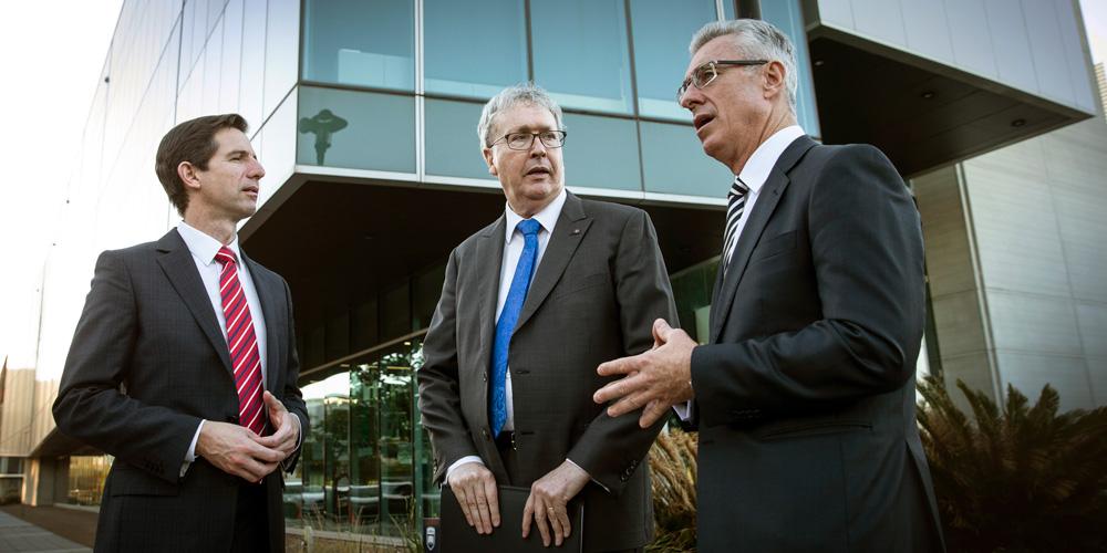 Federal Minister for Education and Training Simon Birmingham with Vice-Chancellor Professor Paul Wellings and Chief Operating Officer Damien Israel