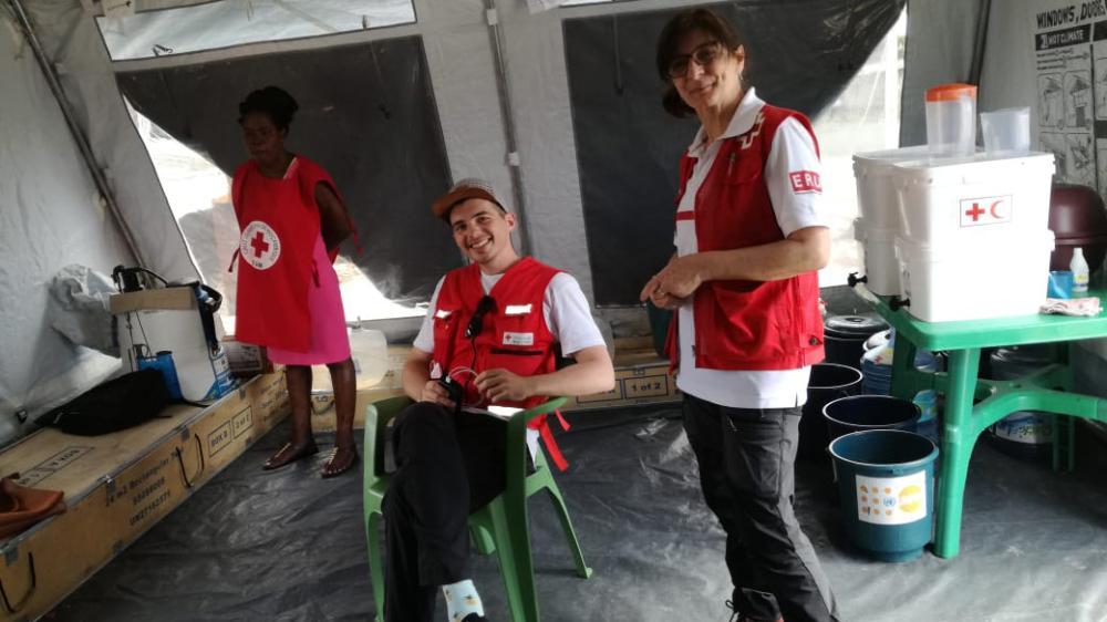 Richard sitting inside an oral rehydration point (ORP) in Beira, Mozambique, during a cholera outbreak in the aftermath of Cyclone Idai (2019).