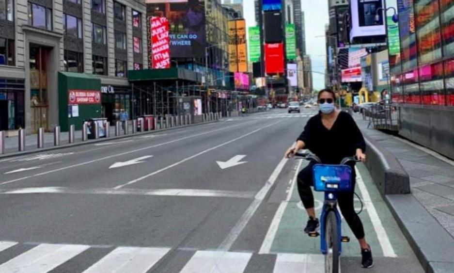 Riding through the empty streets around Times Square.