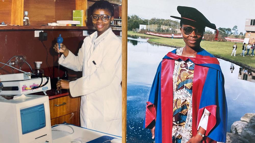 A collage of a researcher performing chemsitry in a lab, then at UOW gradaution.