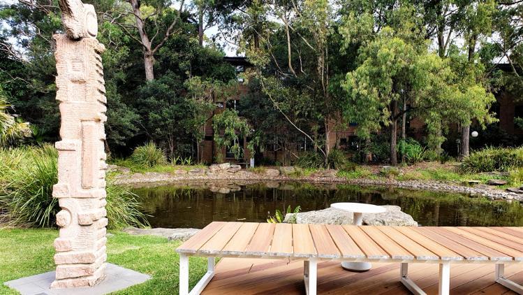 A wooden bench seat by the pond at McKinnon Lawn.