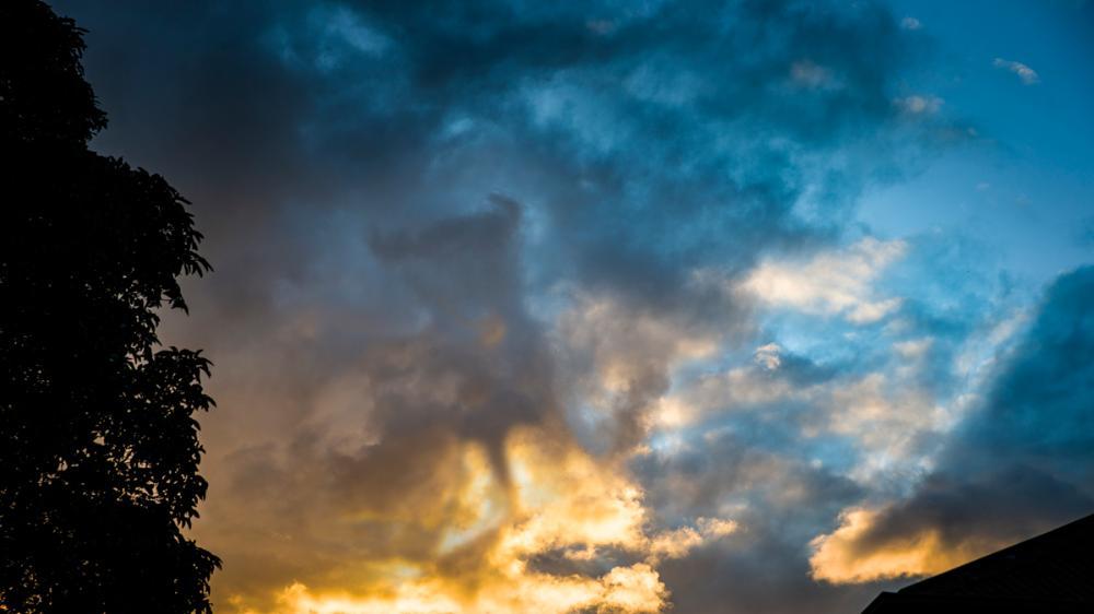 A dark grey cloud shaped like a bull in the blue sky.