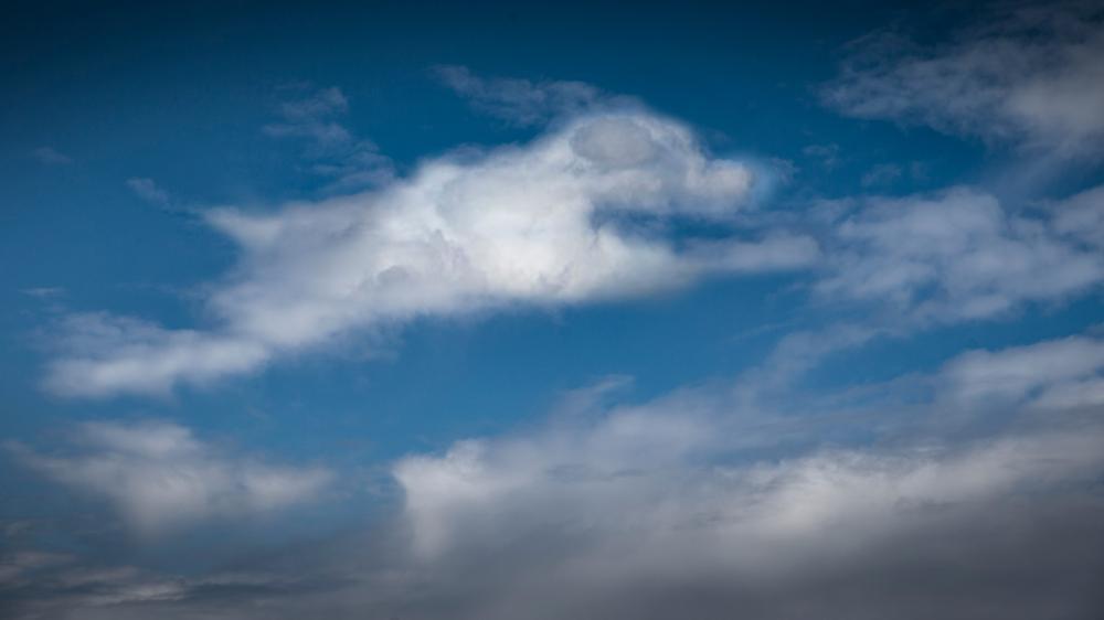 A white cloud shaped like a dog running in the blue sky.