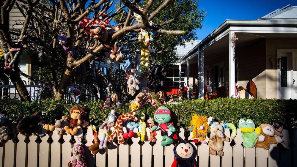 A fence is covered in stuffed animals. Photo: Paul Jones