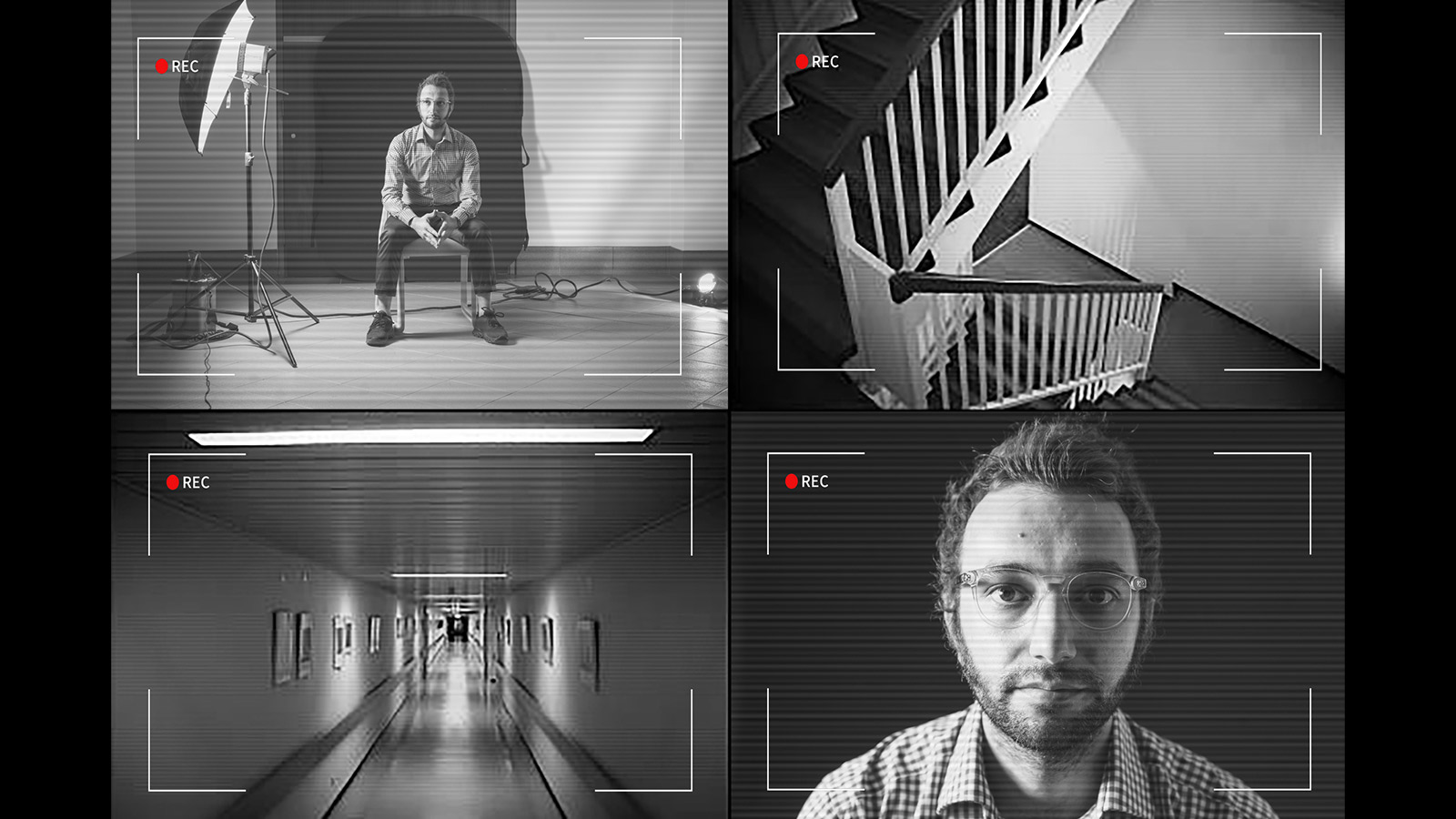 A black and white collage of Dr Armin Alimardani. He is pictured in a lighting studio with a camera record frame around the image.