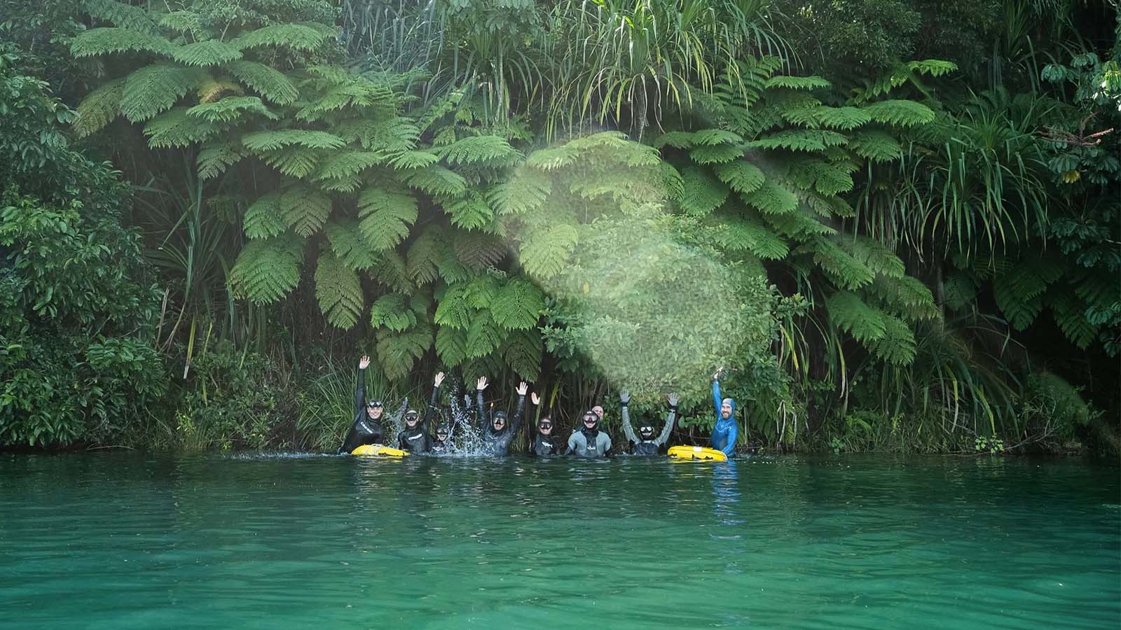 A group of people are in a tropical lake with their arms in the air, smiling and celebrating