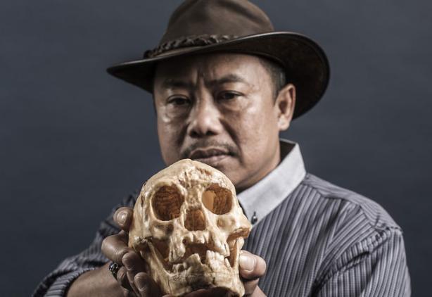 researcher holding a skull