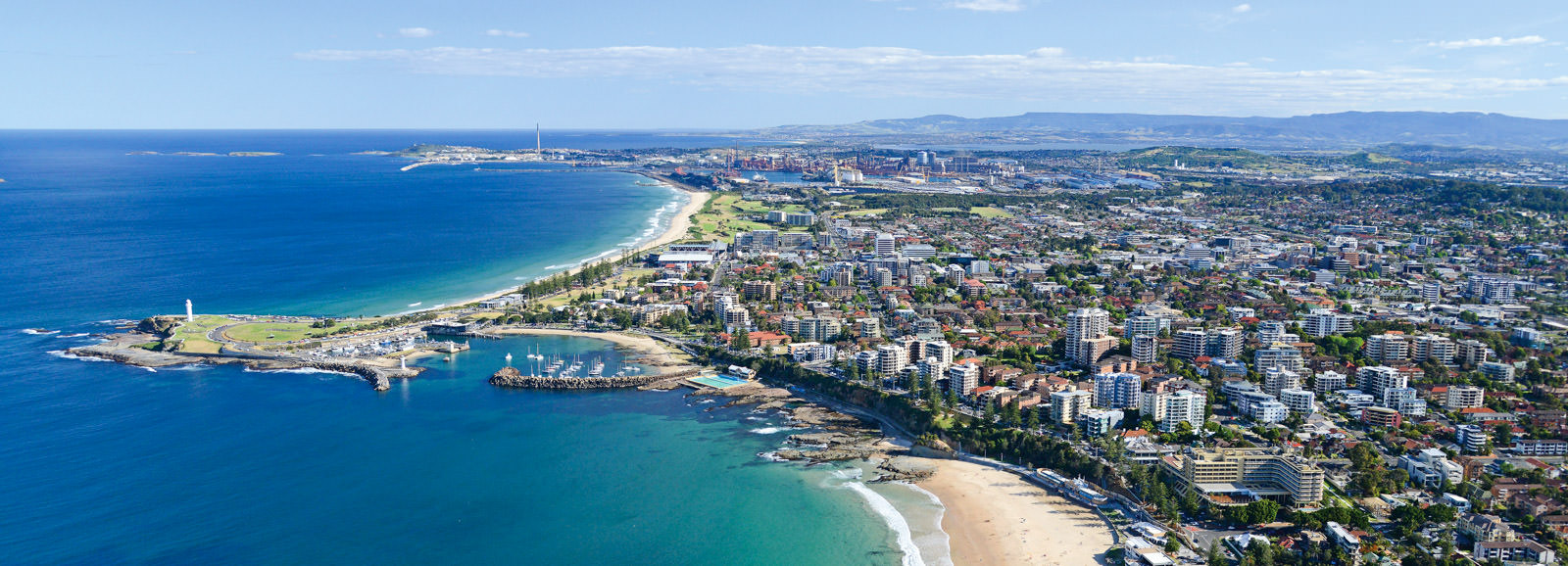 Aerial photo of Wollongong beaches and harbour