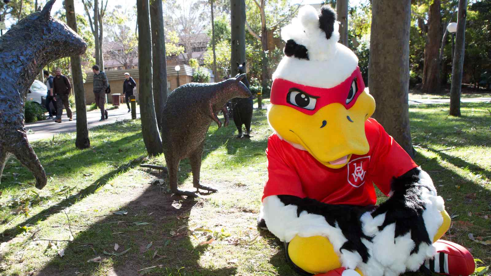 Duck mascot sitting on grass