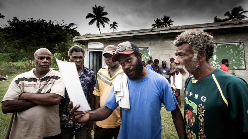 A Vanuatuan engages in a theatrical workshop