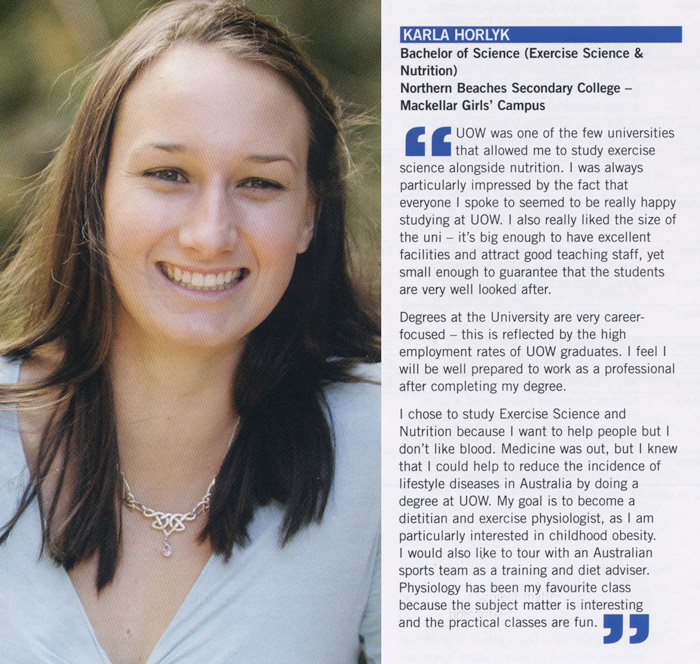 Karla Horlyck's UOW student profile from 2008