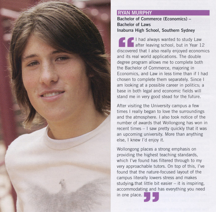 Ryan Murphy UOW student profile from 2008