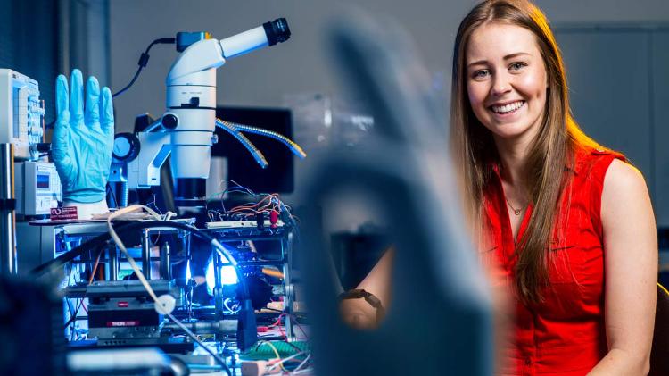 Engineering PhD candidate Siobhan O'Brien with prosthetic hand