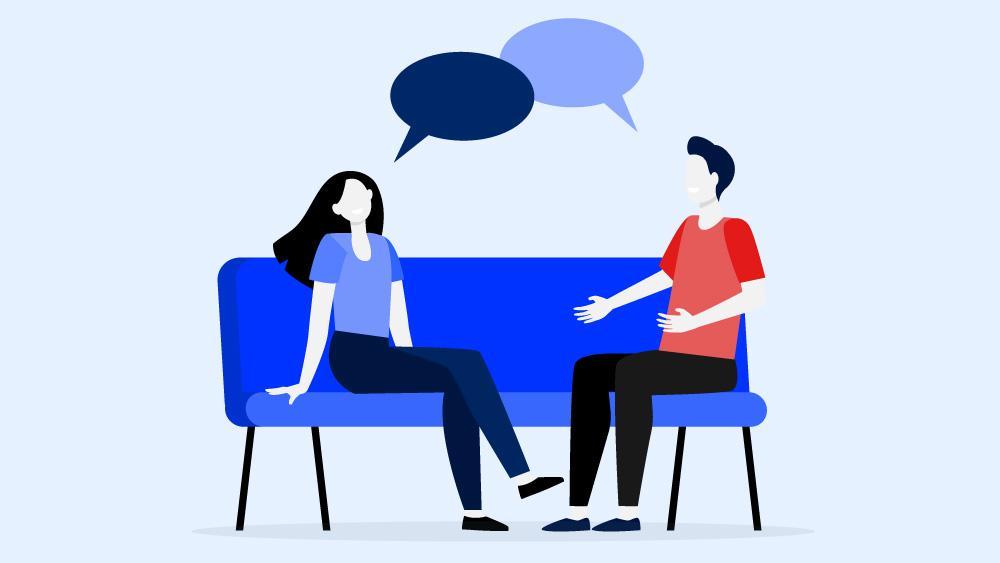 A graphic of two people sitting and talking