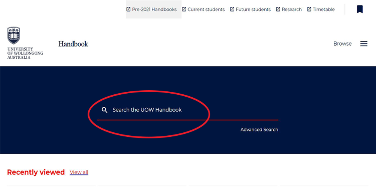 Webpage with 'search the UOW handbook' circled