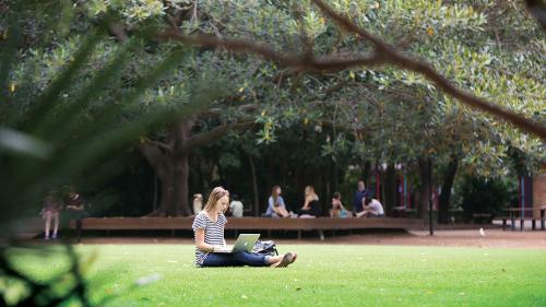 student sitting on duck pond lawn with laptop