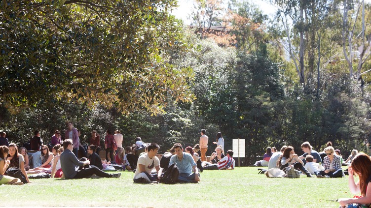 Student sitting on the Duck Pond lawn at the University of Wollongong